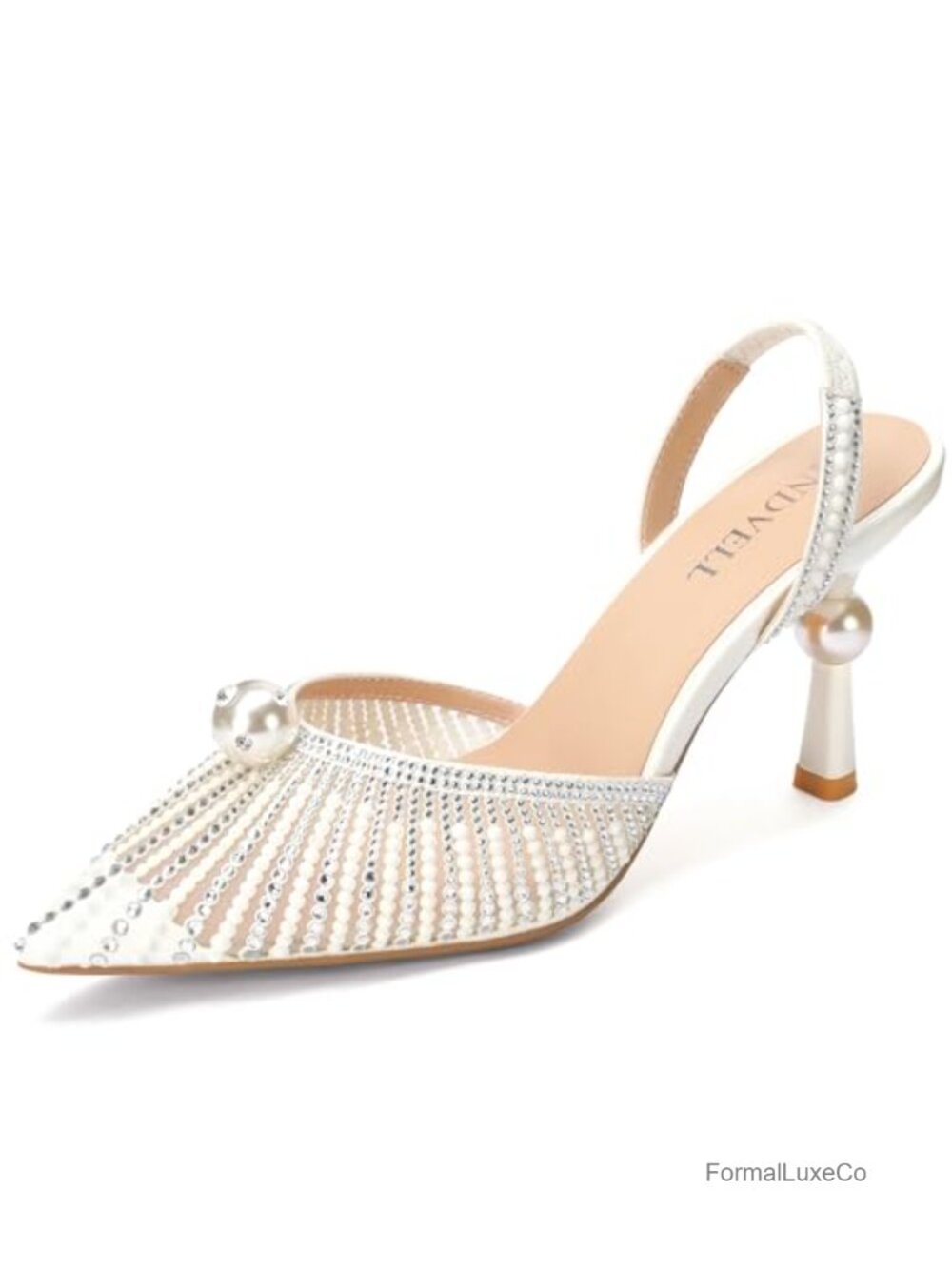 Women's Slingback Kitten Heels Pointed Toe Rhinestone Pearl Wedding Pumps